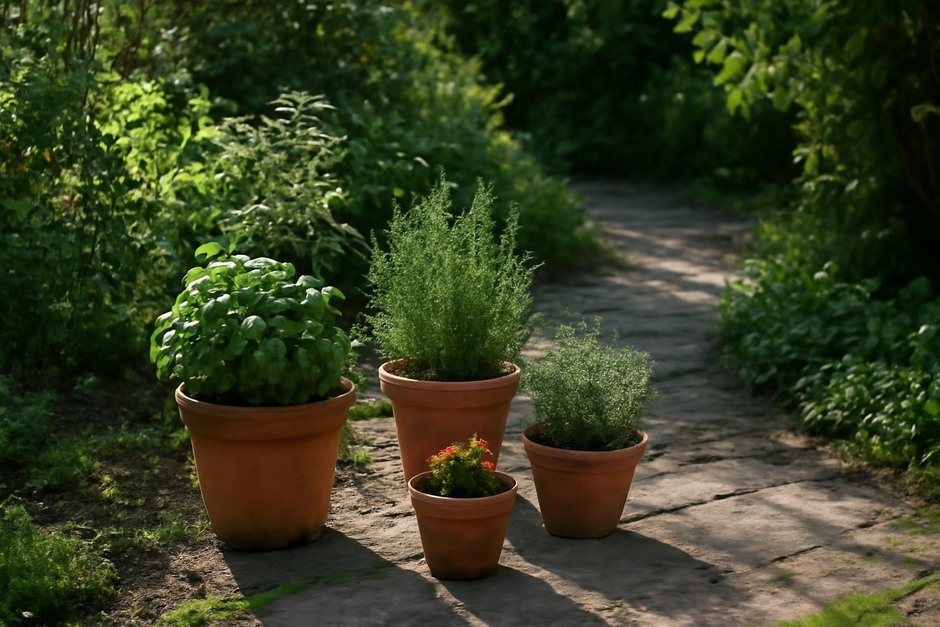Sunlit garden corner with potted herbs and shaded path