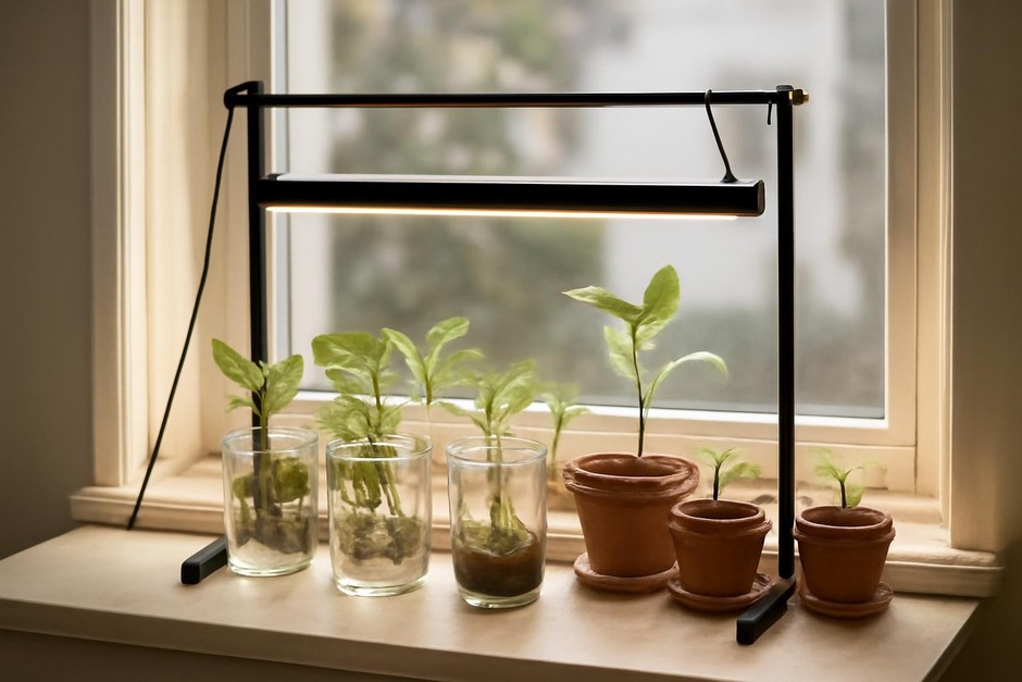 Indoor plant propagation station on a windowsill with jars and small pots under a grow light