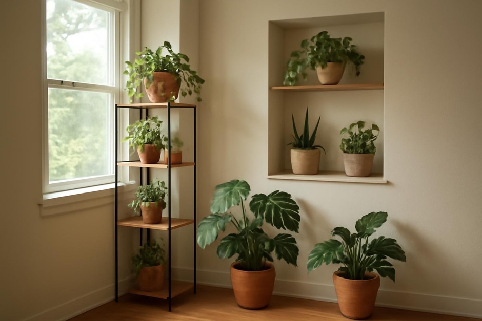 A small sunlit corner with plants arranged on shelves beside a window