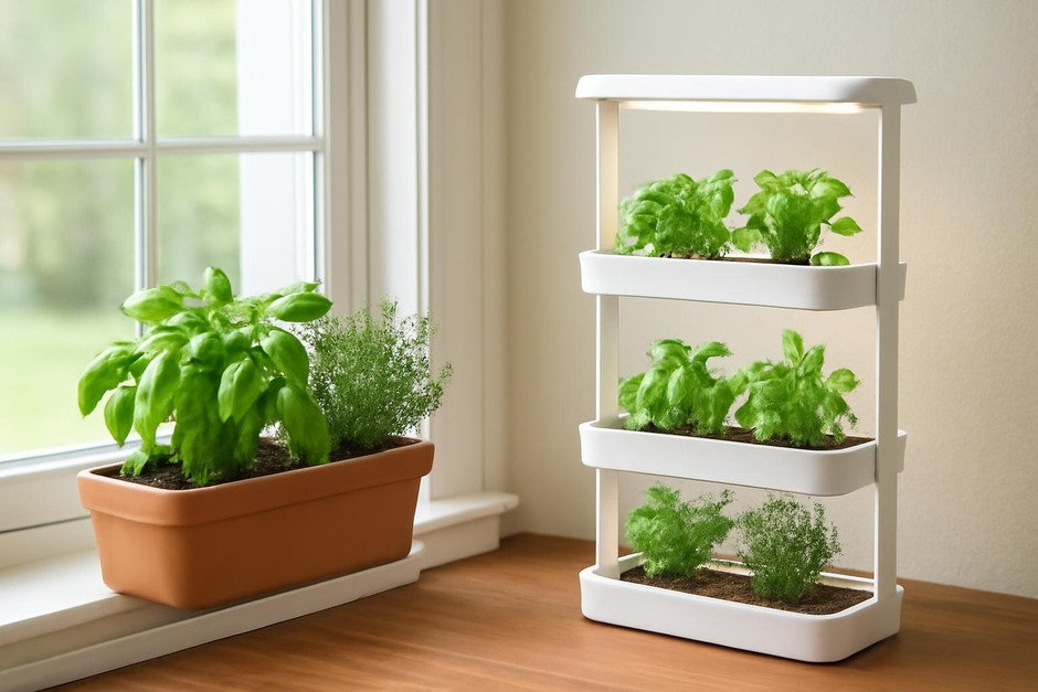 Windowsill planter with basil and a compact vertical hydroponic shelf with herbs